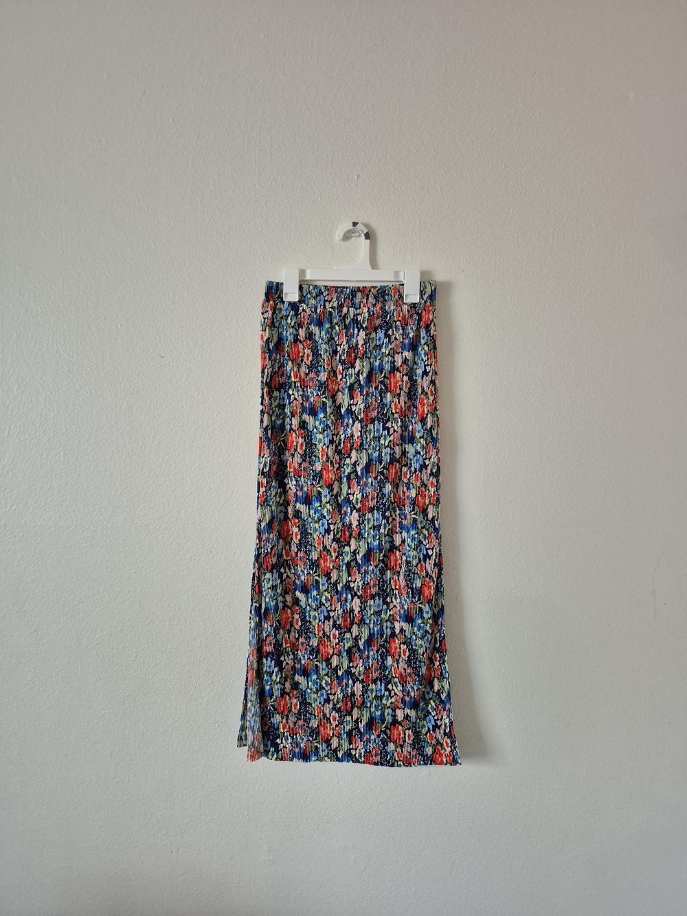 Wayf Floral Maxi Double Slit Skirt - NEW Blue & Coral Red Mix